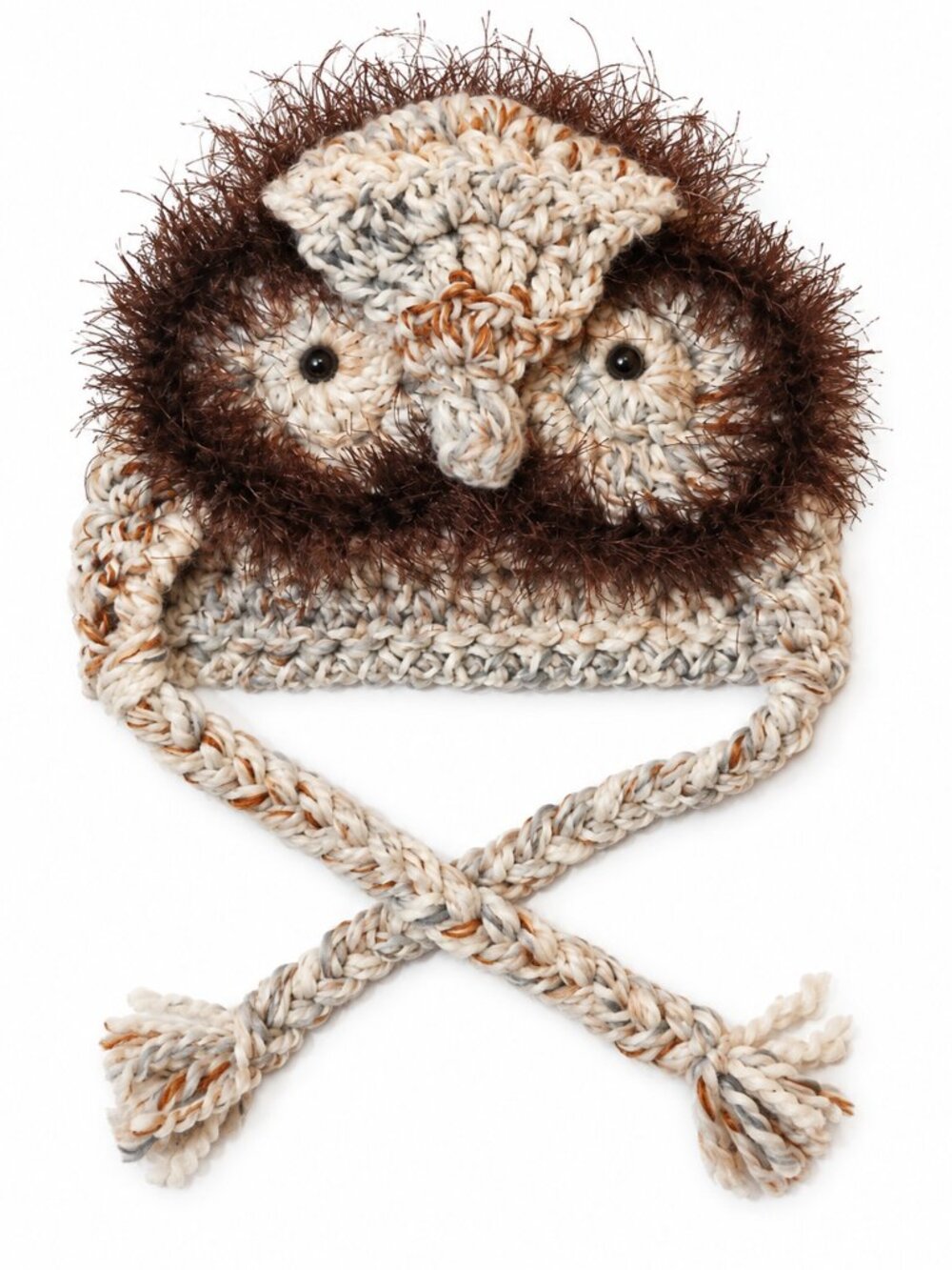 Handmade Crochet Owl Hat Earflap Braided Ties Fuzzy Brown Cream Gray Adult